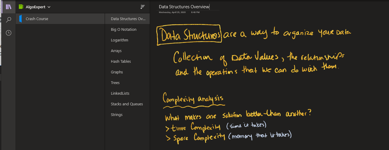 One Note Screenshot displaying color coded hand written notes for the various technical topics.